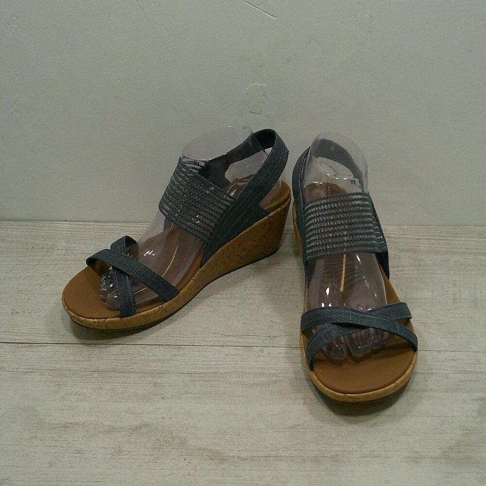 Sketchers Luxe Comfort Denim Strappy Slip-on Wedge with Natural Cork size 9
